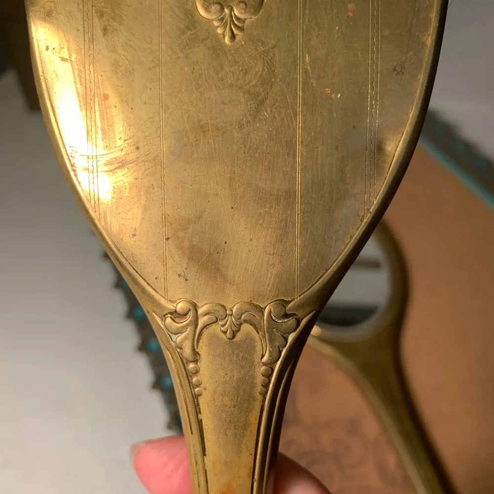 Antique Brass Hand Mirror and Brush Set (B21)